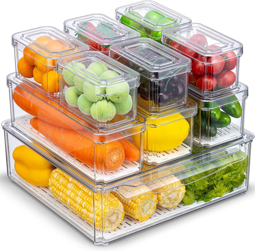 FreshBins | 10-Pack Clear Fridge Organizer | Stackable, BPA-Free & Drain Tray Included