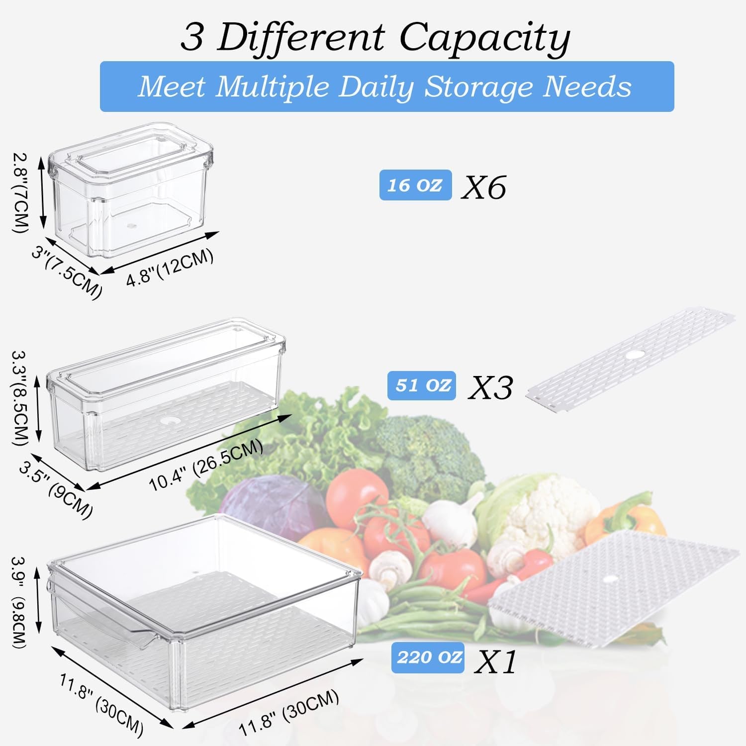 FreshBins | 10-Pack Clear Fridge Organizer | Stackable, BPA-Free & Drain Tray Included