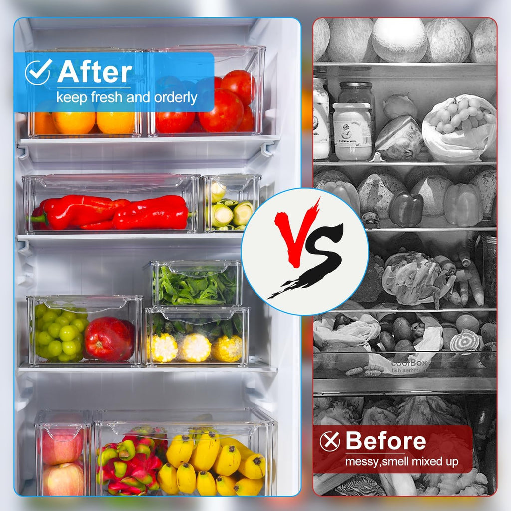 FreshBins | 10-Pack Clear Fridge Organizer | Stackable, BPA-Free & Drain Tray Included